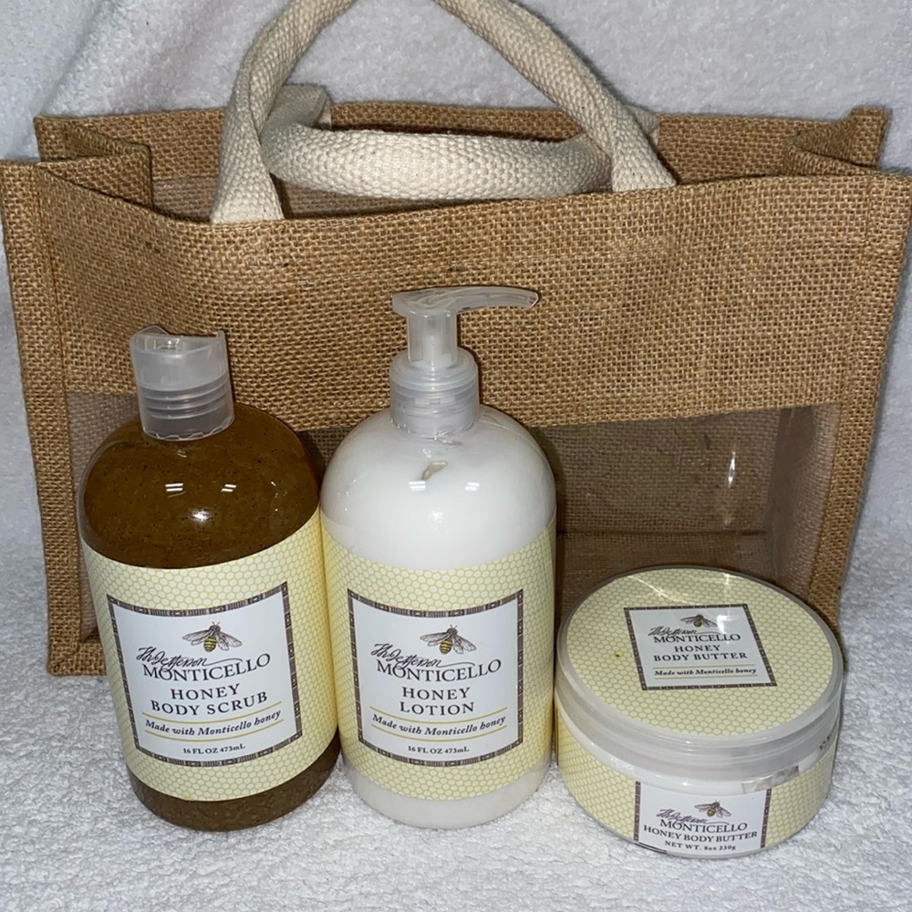 NWOT Monticello honey body scrub, lotion, body butter set